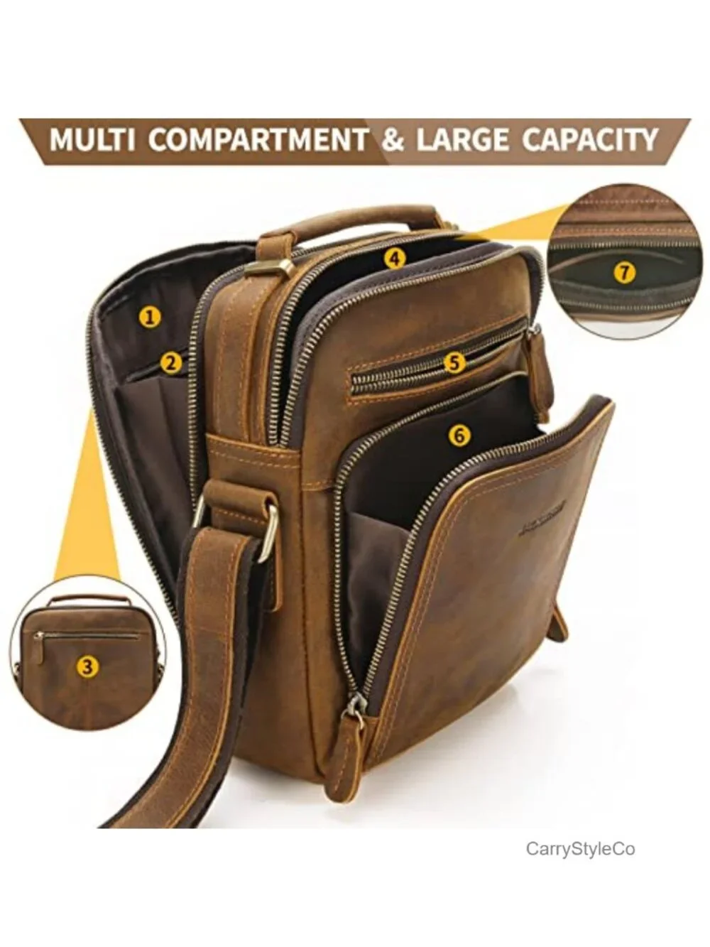 Genuine Cowhide Leather Messenger Bag Crossbody Shoulder Bag for Men Work Travel